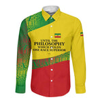 Ethiopia Haile Selassie I Long Sleeve Button Shirt with Addis Ababa 1963 Speech Quote Pan-African Flag Colors and Kente Pattern
