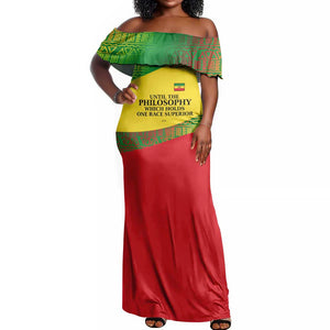 Ethiopia Haile Selassie I Off Shoulder Maxi Dress with Addis Ababa 1963 Speech Quote Pan-African Flag Colors and Kente Pattern - African Pride