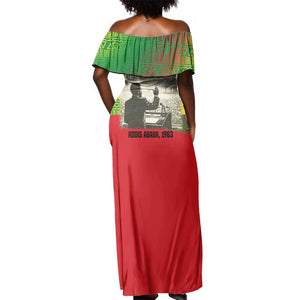 Ethiopia Haile Selassie I Off Shoulder Maxi Dress with Addis Ababa 1963 Speech Quote Pan-African Flag Colors and Kente Pattern - African Pride