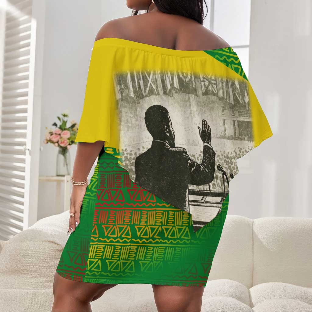 Ethiopia Haile Selassie I Off Shoulder Short Dress with Addis Ababa 1963 Speech Quote Pan-African Flag Colors and Kente Pattern