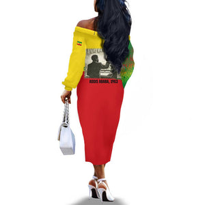 Ethiopia Haile Selassie I Off The Shoulder Long Sleeve Dress with Addis Ababa 1963 Speech Quote Pan-African Flag Colors and Kente Pattern