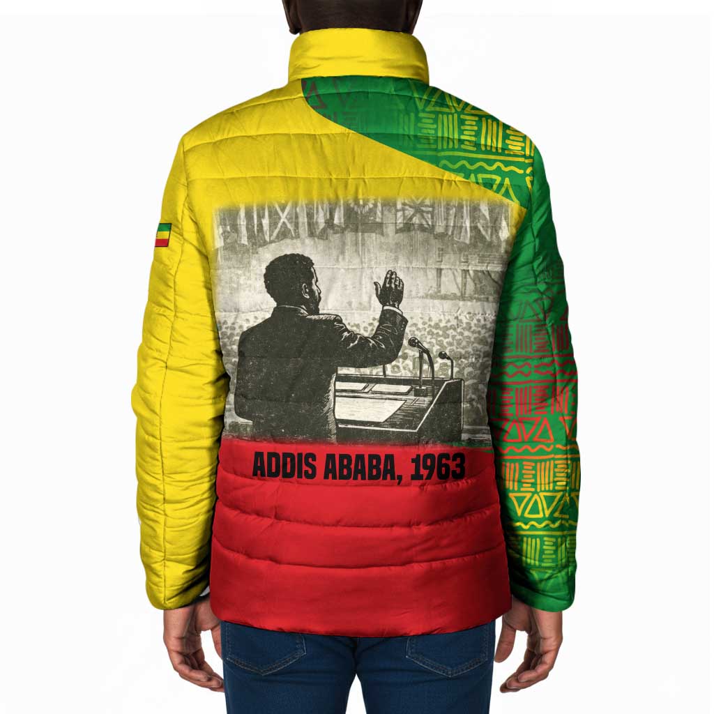 Ethiopia Haile Selassie I Padded Jacket with Addis Ababa 1963 Speech Quote Pan-African Flag Colors and Kente Pattern