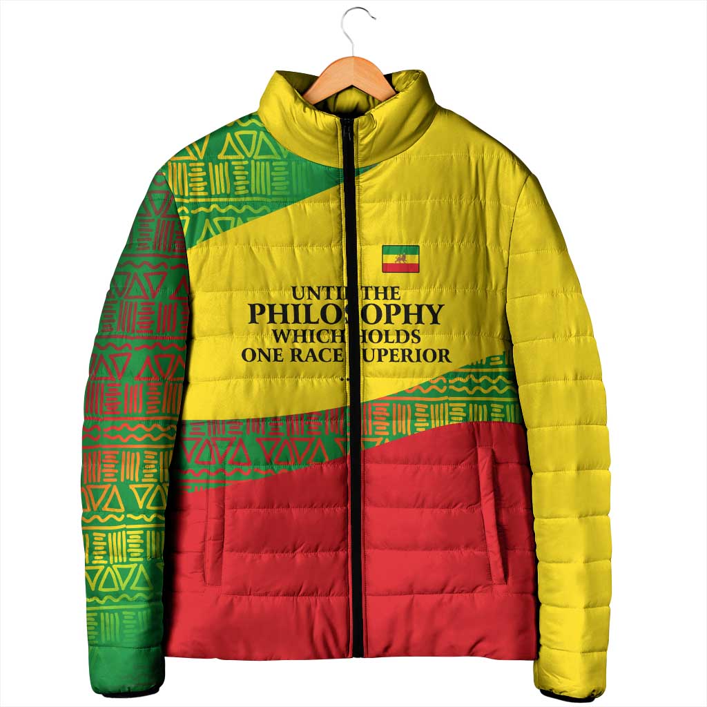 Ethiopia Haile Selassie I Padded Jacket with Addis Ababa 1963 Speech Quote Pan-African Flag Colors and Kente Pattern