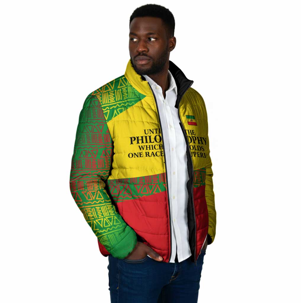 Ethiopia Haile Selassie I Padded Jacket with Addis Ababa 1963 Speech Quote Pan-African Flag Colors and Kente Pattern