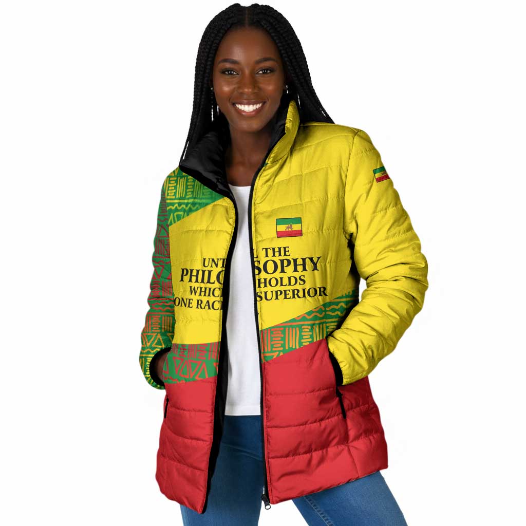 Ethiopia Haile Selassie I Padded Jacket with Addis Ababa 1963 Speech Quote Pan-African Flag Colors and Kente Pattern