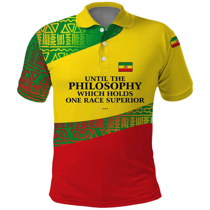 Ethiopia Haile Selassie I Polo Shirt with Addis Ababa 1963 Speech Quote Pan-African Flag Colors and Kente Pattern - African Pride