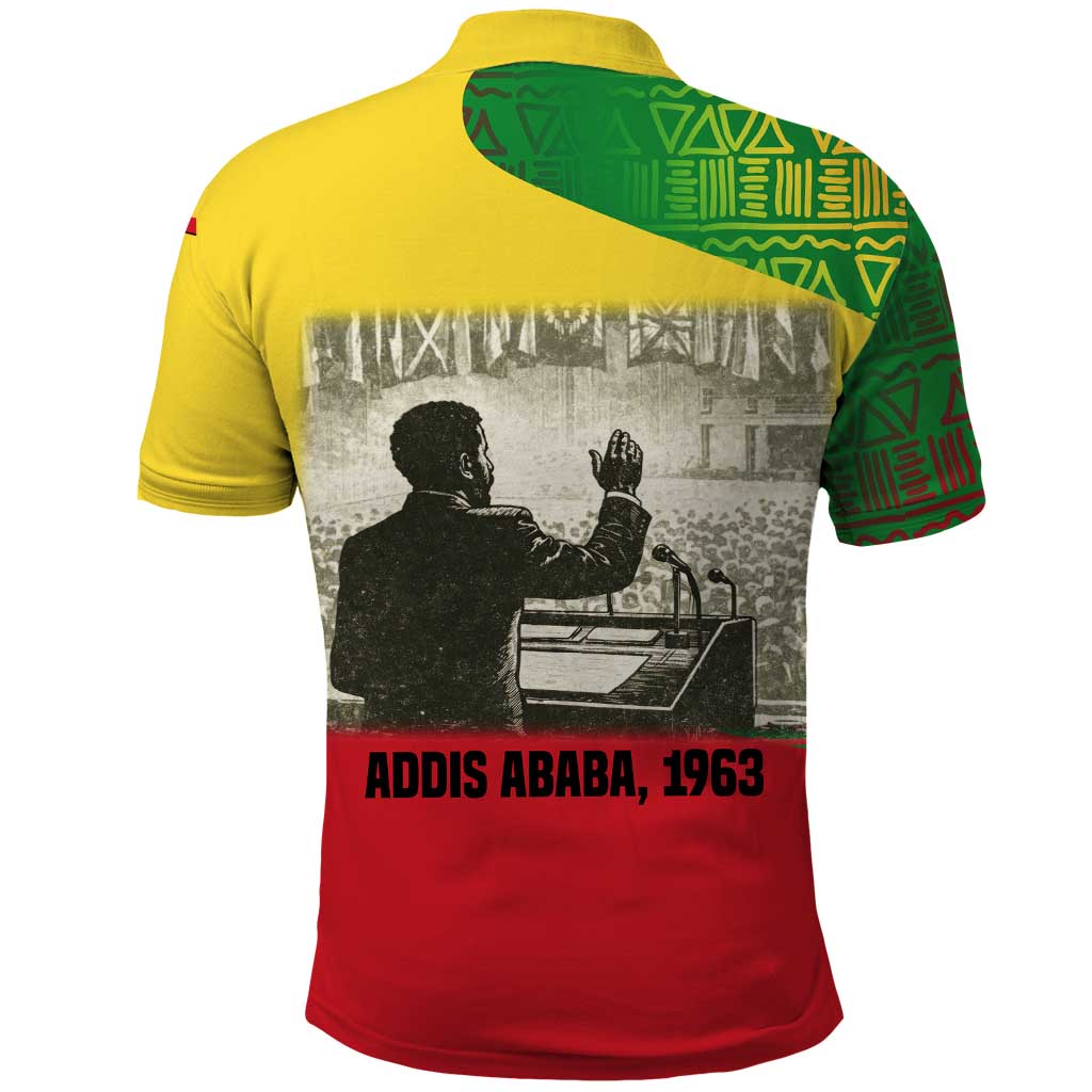 Ethiopia Haile Selassie I Polo Shirt with Addis Ababa 1963 Speech Quote Pan-African Flag Colors and Kente Pattern - African Pride