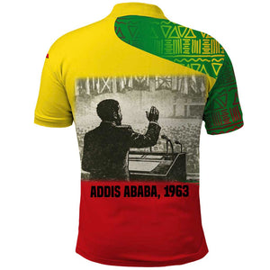 Ethiopia Haile Selassie I Polo Shirt with Addis Ababa 1963 Speech Quote Pan-African Flag Colors and Kente Pattern - African Pride