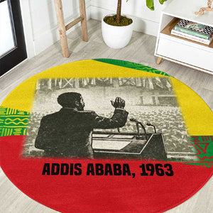 Ethiopia Haile Selassie I Round Carpet with Addis Ababa 1963 Speech Quote Pan-African Flag Colors and Kente Pattern - African Pride