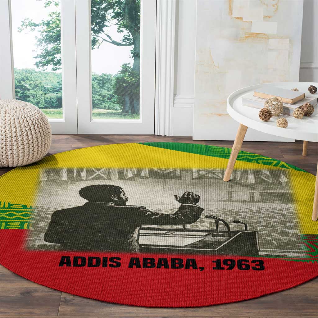 Ethiopia Haile Selassie I Round Carpet with Addis Ababa 1963 Speech Quote Pan-African Flag Colors and Kente Pattern - African Pride