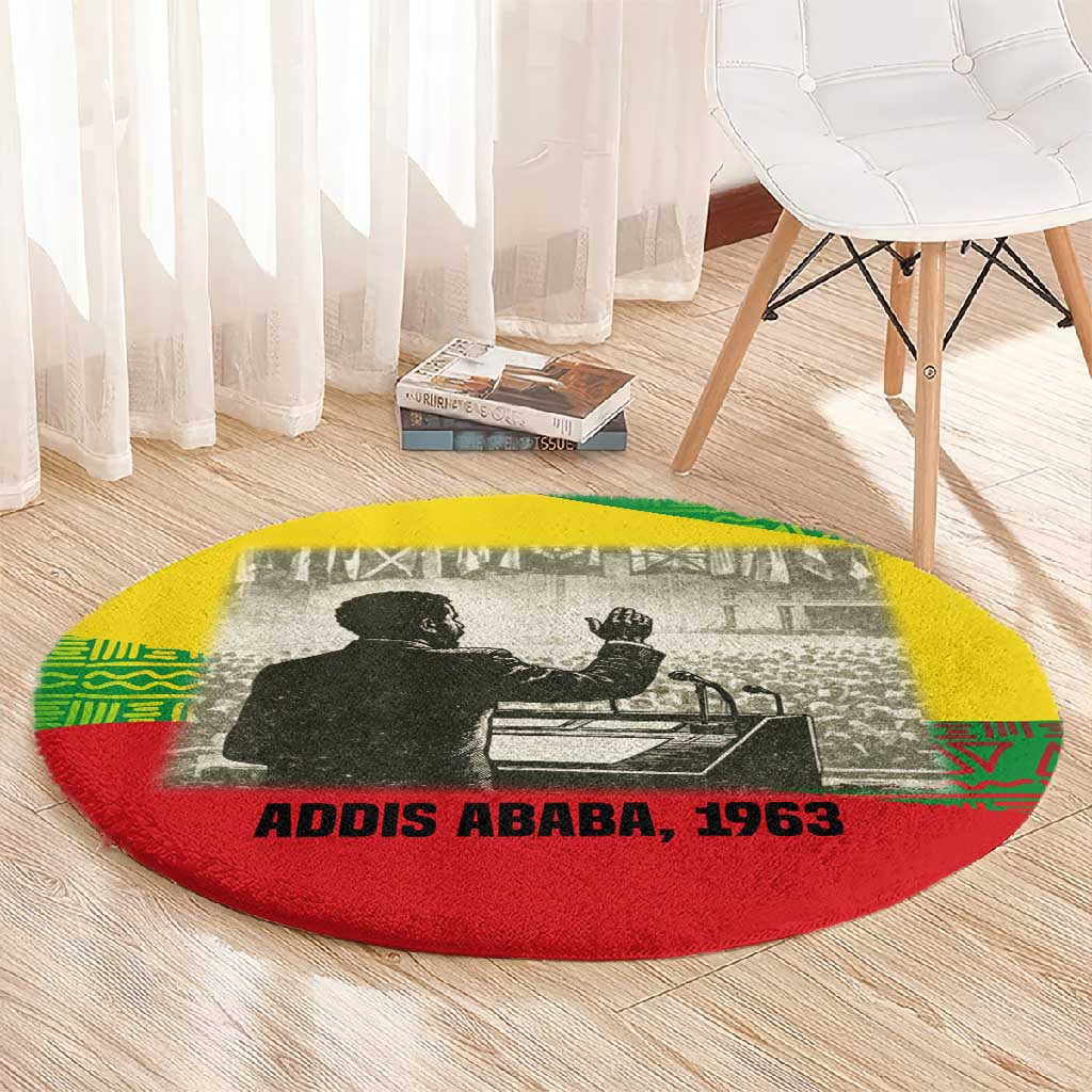 Ethiopia Haile Selassie I Round Carpet with Addis Ababa 1963 Speech Quote Pan-African Flag Colors and Kente Pattern - African Pride