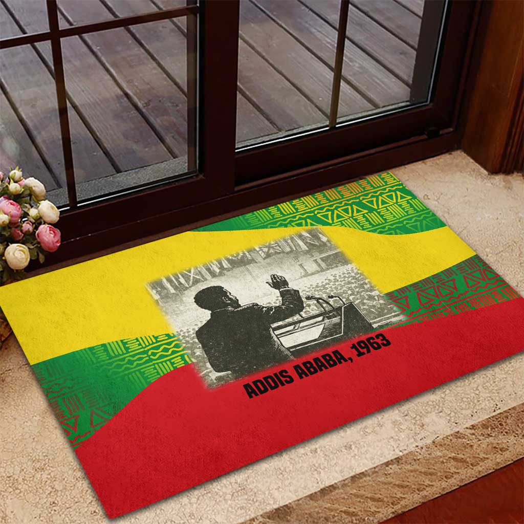 Ethiopia Haile Selassie I Rubber Doormat with Addis Ababa 1963 Speech Quote Pan-African Flag Colors and Kente Pattern - African Pride