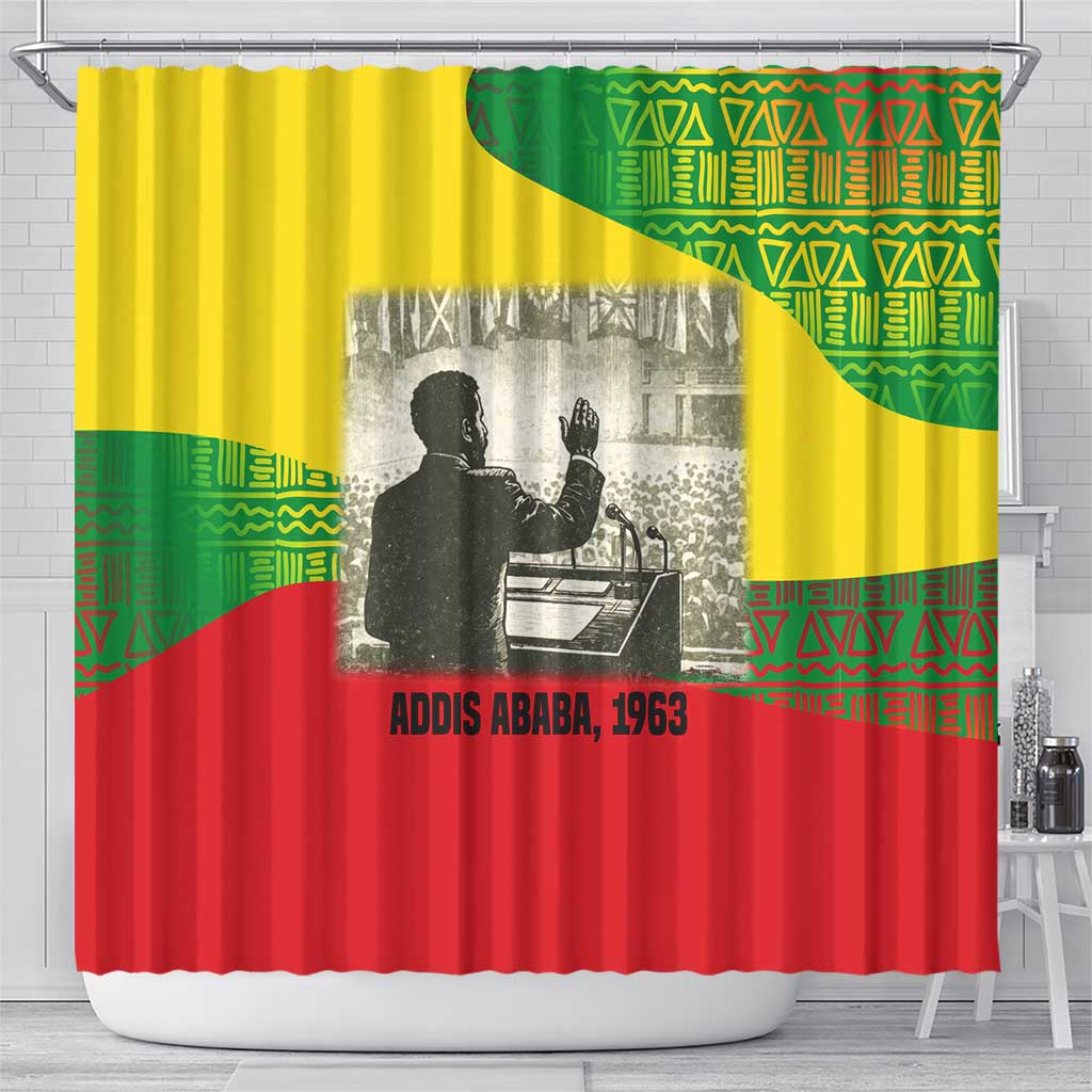 Ethiopia Haile Selassie I Shower Curtain with Addis Ababa 1963 Speech Quote Pan-African Flag Colors and Kente Pattern - African Pride