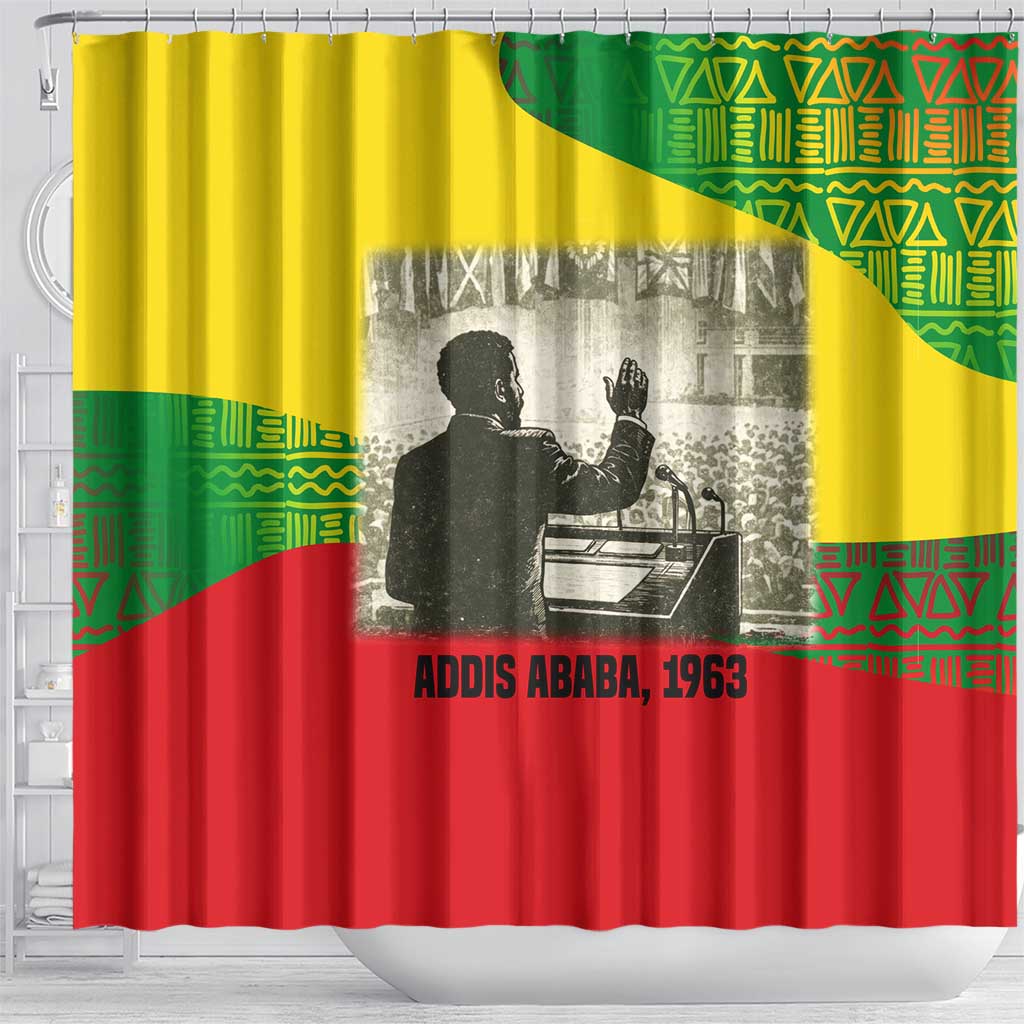 Ethiopia Haile Selassie I Shower Curtain with Addis Ababa 1963 Speech Quote Pan-African Flag Colors and Kente Pattern - African Pride