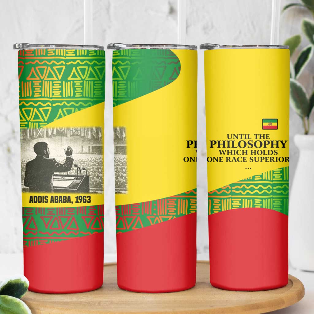 Ethiopia Haile Selassie I Skinny Tumbler with Addis Ababa 1963 Speech Quote Pan-African Flag Colors and Kente Pattern - African Pride