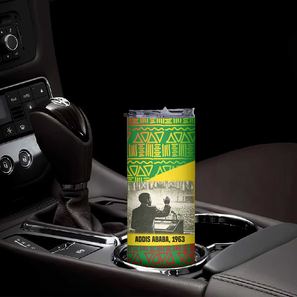 Ethiopia Haile Selassie I Skinny Tumbler with Addis Ababa 1963 Speech Quote Pan-African Flag Colors and Kente Pattern - African Pride