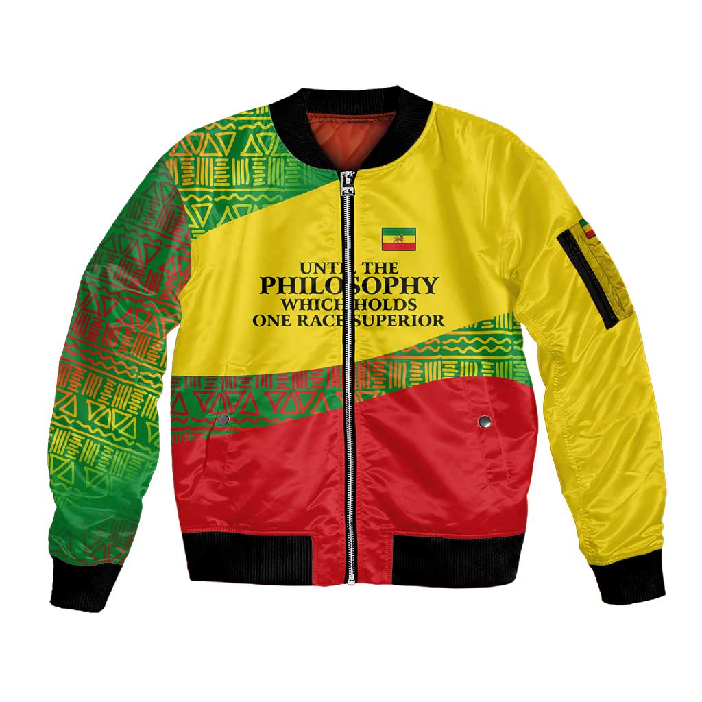 Ethiopia Haile Selassie I Sleeve Zip Bomber Jacket with Addis Ababa 1963 Speech Quote Pan-African Flag Colors and Kente Pattern