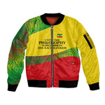 Ethiopia Haile Selassie I Sleeve Zip Bomber Jacket with Addis Ababa 1963 Speech Quote Pan-African Flag Colors and Kente Pattern
