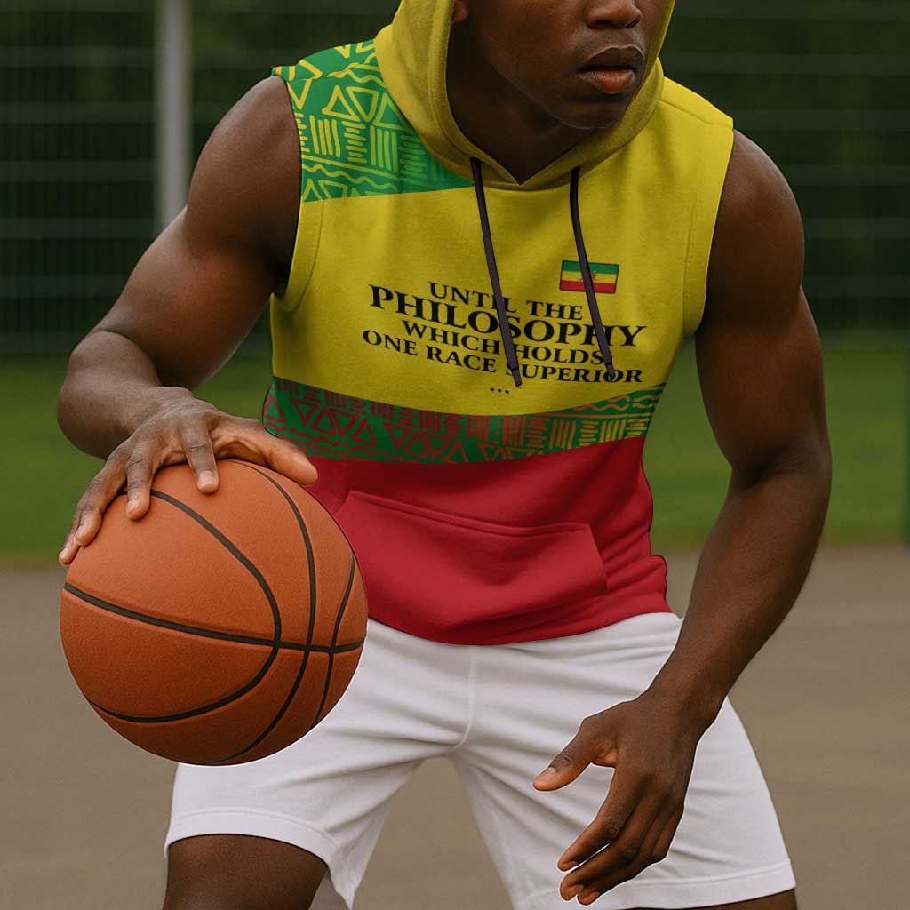 Ethiopia Haile Selassie I Sleeveless Hoodie with Addis Ababa 1963 Speech Quote Pan-African Flag Colors and Kente Pattern - African Pride