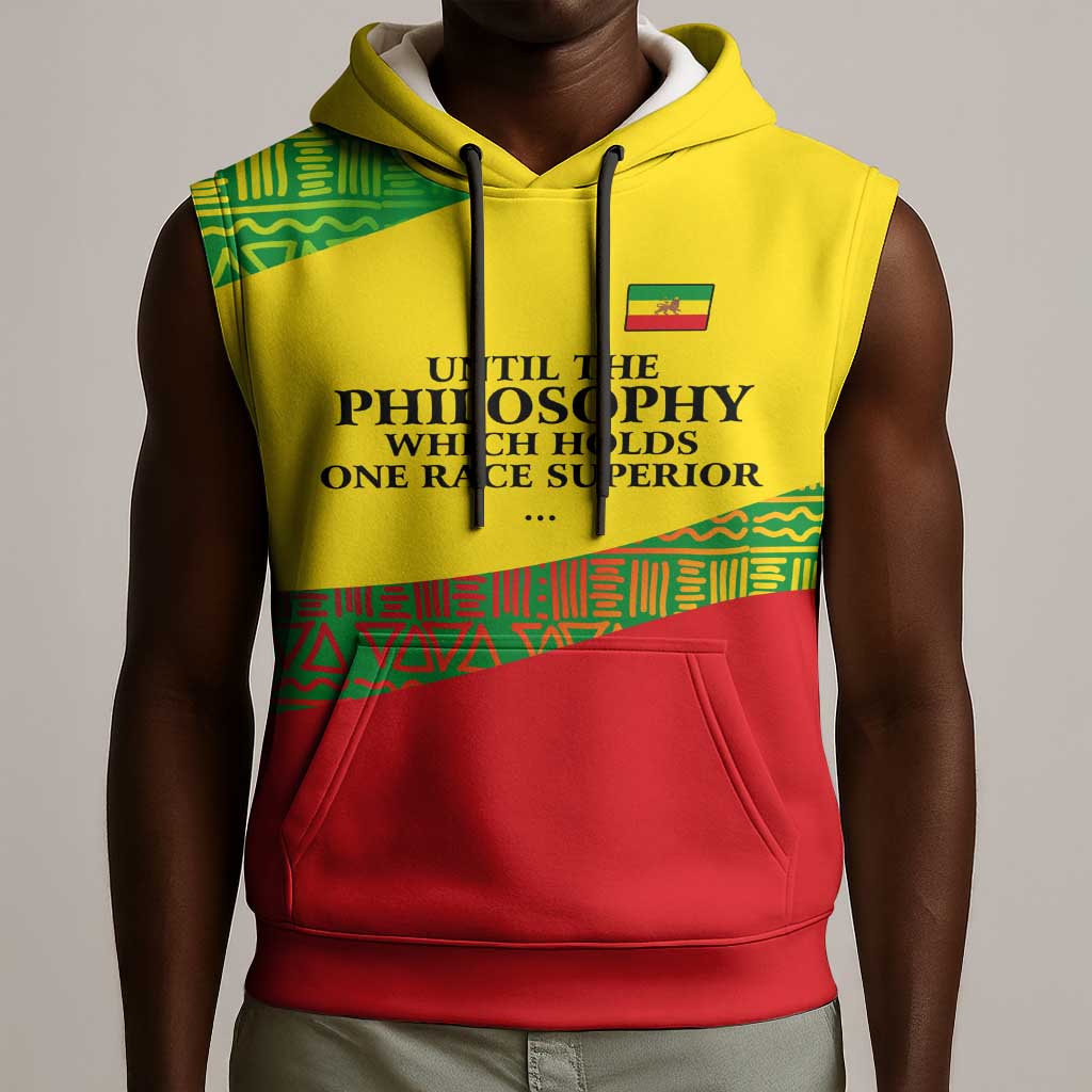 Ethiopia Haile Selassie I Sleeveless Hoodie with Addis Ababa 1963 Speech Quote Pan-African Flag Colors and Kente Pattern - African Pride