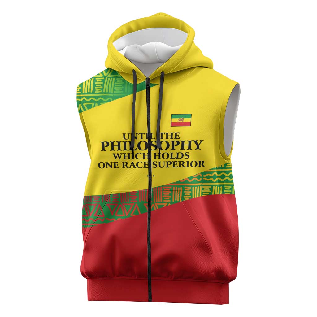 Ethiopia Haile Selassie I Sleeveless Zip Hoodie with Addis Ababa 1963 Speech Quote Pan-African Flag Colors and Kente Pattern - African Pride