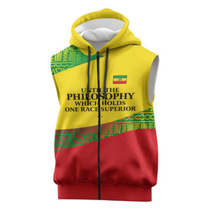 Ethiopia Haile Selassie I Sleeveless Zip Hoodie with Addis Ababa 1963 Speech Quote Pan-African Flag Colors and Kente Pattern - African Pride