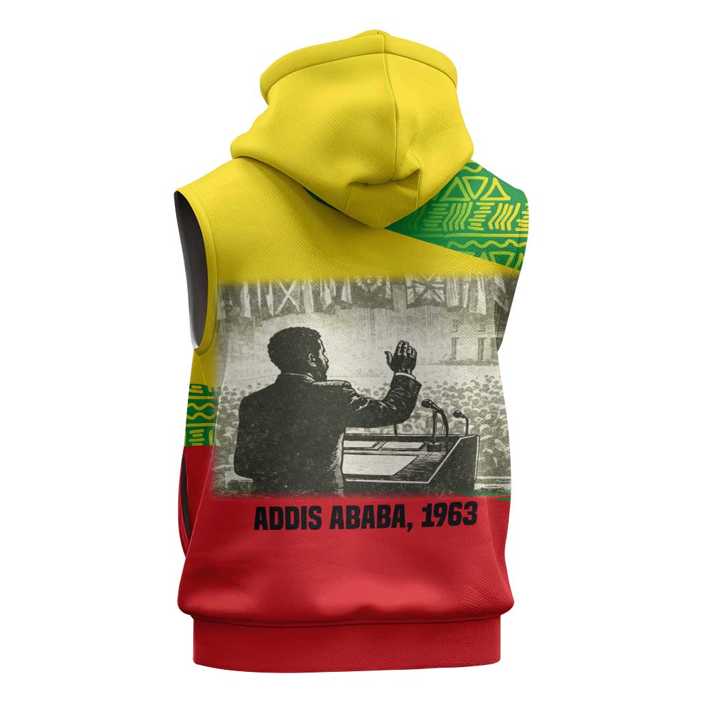 Ethiopia Haile Selassie I Sleeveless Zip Hoodie with Addis Ababa 1963 Speech Quote Pan-African Flag Colors and Kente Pattern