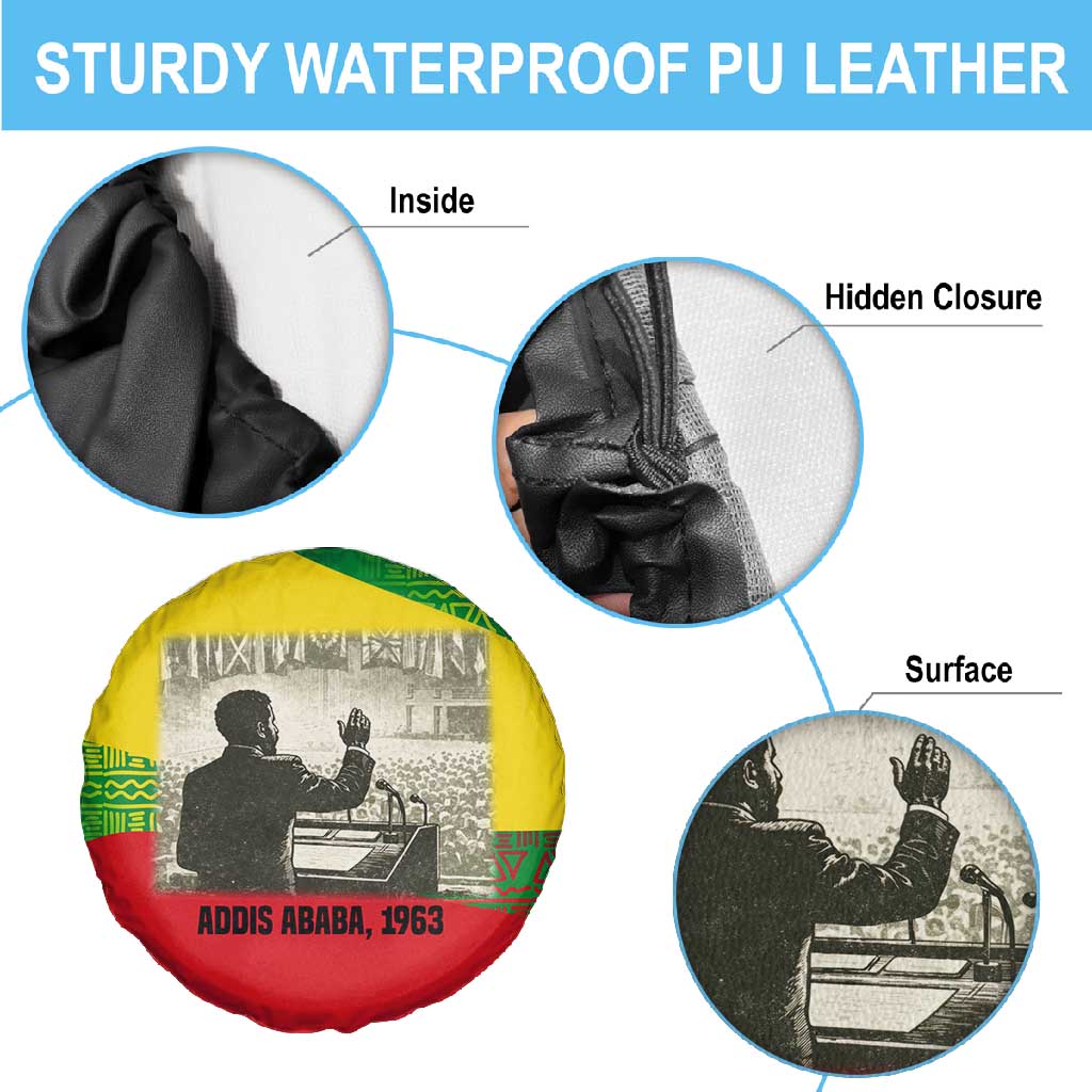 Ethiopia Haile Selassie I Spare Tire Cover with Addis Ababa 1963 Speech Quote Pan-African Flag Colors and Kente Pattern - African Pride