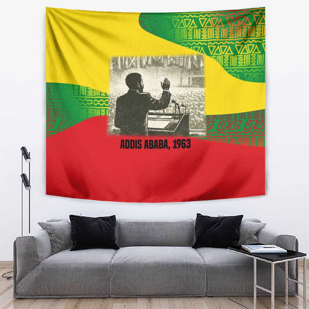 Ethiopia Haile Selassie I Tapestry with Addis Ababa 1963 Speech Quote Pan-African Flag Colors and Kente Pattern - African Pride