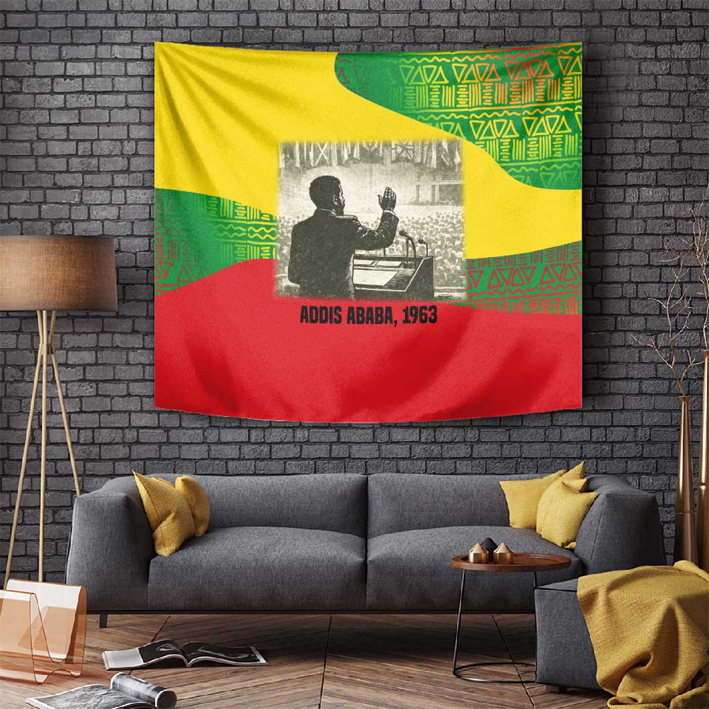 Ethiopia Haile Selassie I Tapestry with Addis Ababa 1963 Speech Quote Pan-African Flag Colors and Kente Pattern - African Pride