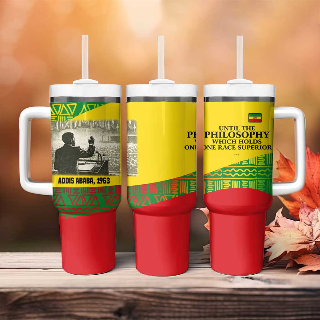 Ethiopia Haile Selassie I Tumbler With Handle with Addis Ababa 1963 Speech Quote Pan-African Flag Colors and Kente Pattern - African Pride