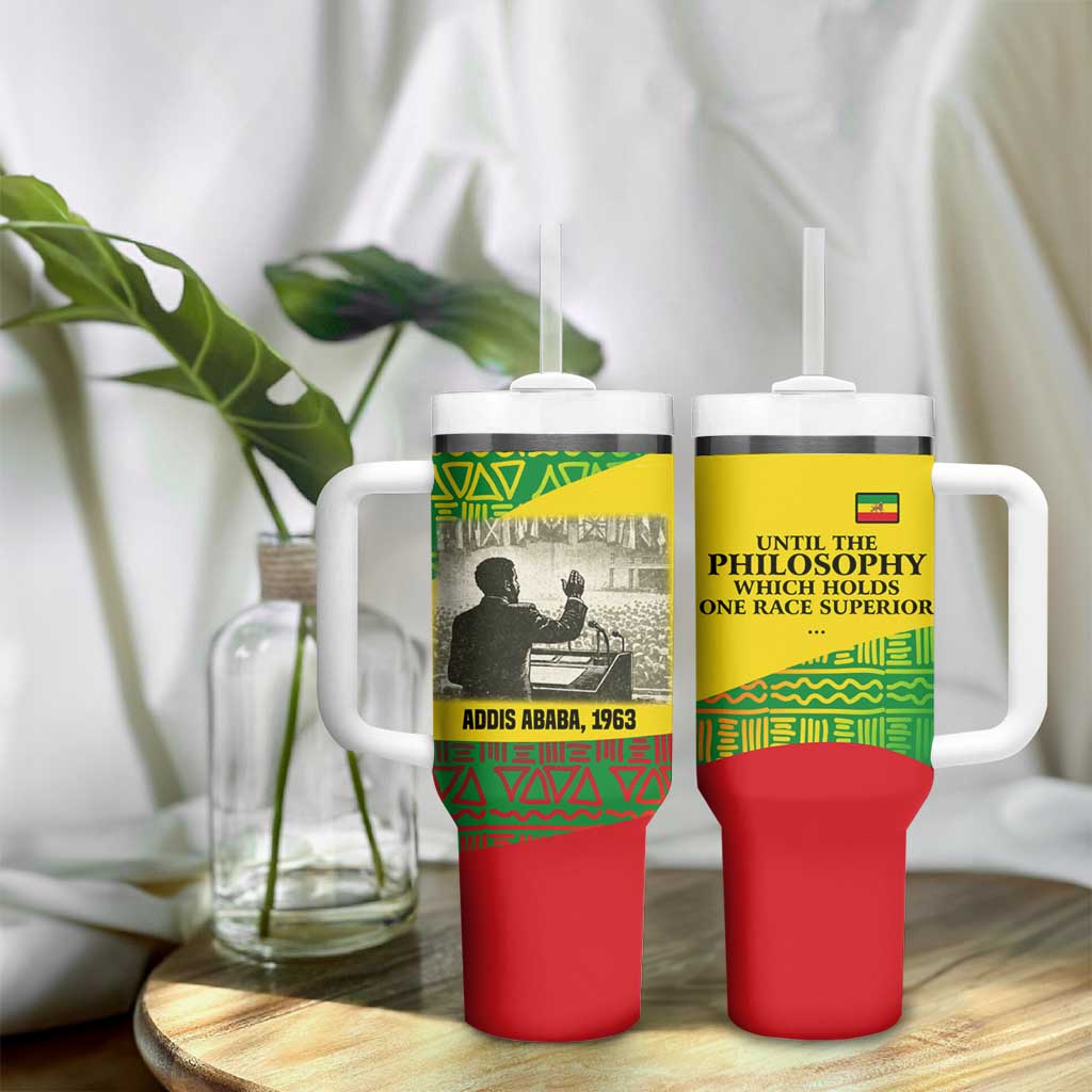 Ethiopia Haile Selassie I Tumbler With Handle with Addis Ababa 1963 Speech Quote Pan-African Flag Colors and Kente Pattern - African Pride