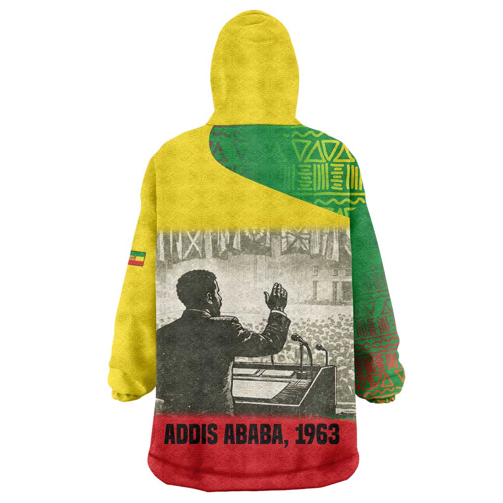 Ethiopia Haile Selassie I Wearable Blanket Hoodie with Addis Ababa 1963 Speech Quote Pan-African Flag Colors and Kente Pattern