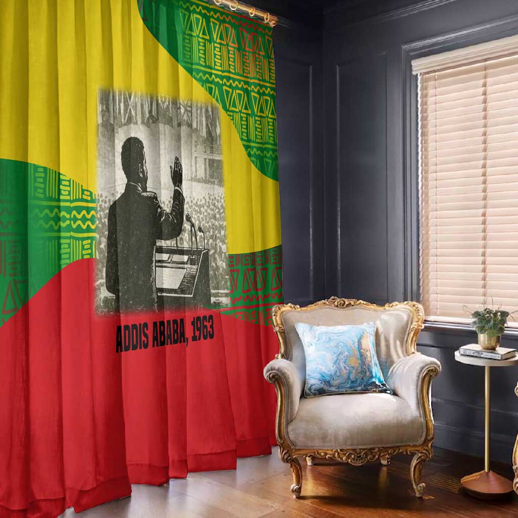 Ethiopia Haile Selassie I Window Curtain with Addis Ababa 1963 Speech Quote Pan-African Flag Colors and Kente Pattern - African Pride