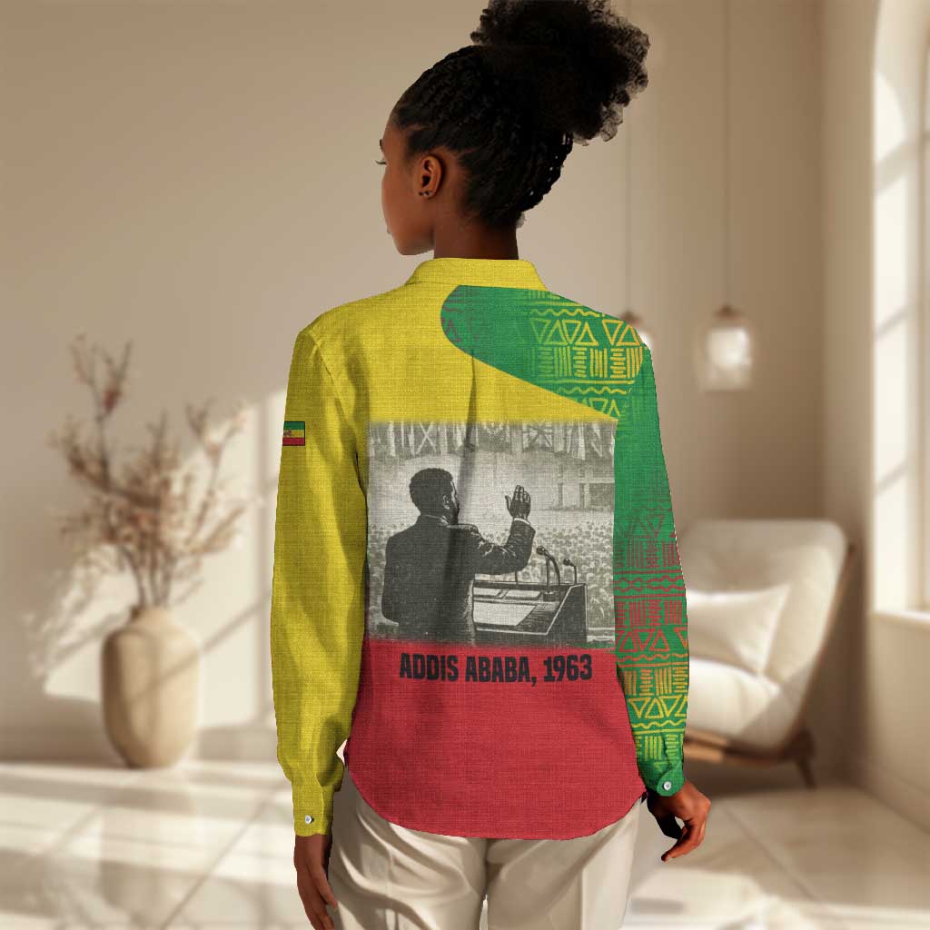 Ethiopia Haile Selassie I Women Casual Shirt with Addis Ababa 1963 Speech Quote Pan-African Flag Colors and Kente Pattern