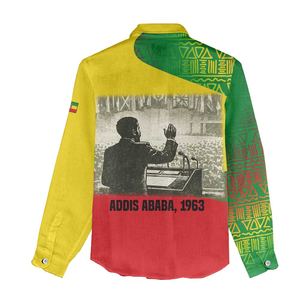 Ethiopia Haile Selassie I Women Casual Shirt with Addis Ababa 1963 Speech Quote Pan-African Flag Colors and Kente Pattern