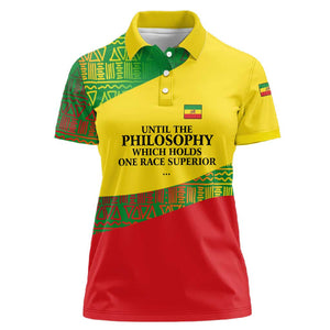 Ethiopia Haile Selassie I Women Polo Shirt with Addis Ababa 1963 Speech Quote Pan-African Flag Colors and Kente Pattern