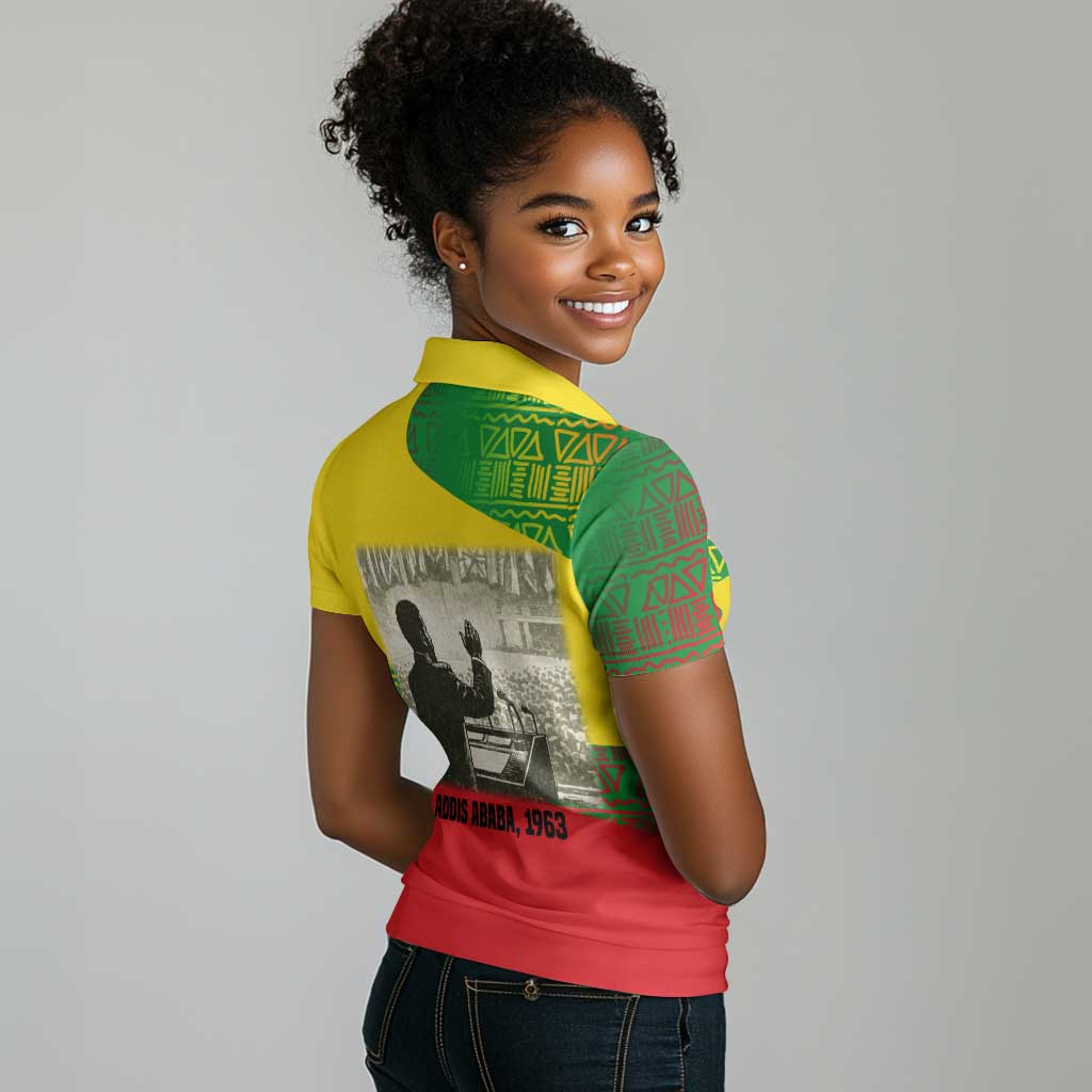 Ethiopia Haile Selassie I Women Polo Shirt with Addis Ababa 1963 Speech Quote Pan-African Flag Colors and Kente Pattern