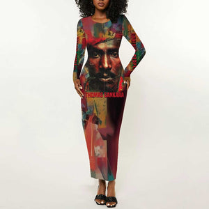 Thomas Sankara Burkina Faso Long Sleeve Bodycon Dress with Bold Portrait and The Upright Man Tribute Design - African Pride