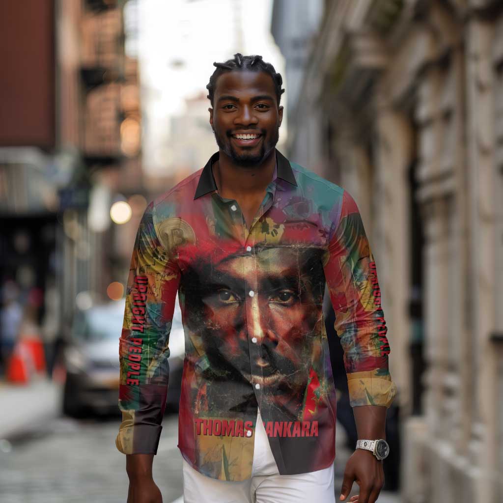 Thomas Sankara Burkina Faso Long Sleeve Button Shirt with Bold Portrait and The Upright Man Tribute Design - African Pride