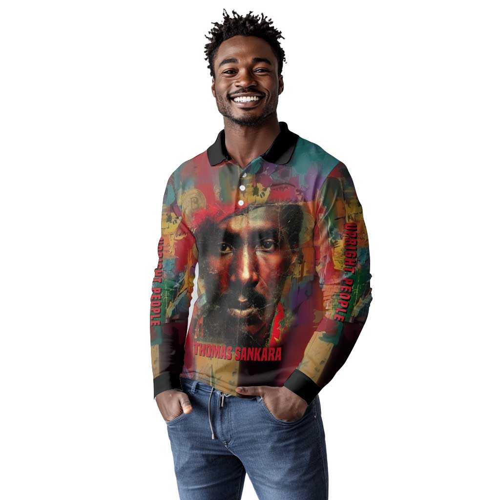 Thomas Sankara Burkina Faso Long Sleeve Polo Shirt with Bold Portrait and The Upright Man Tribute Design - African Pride