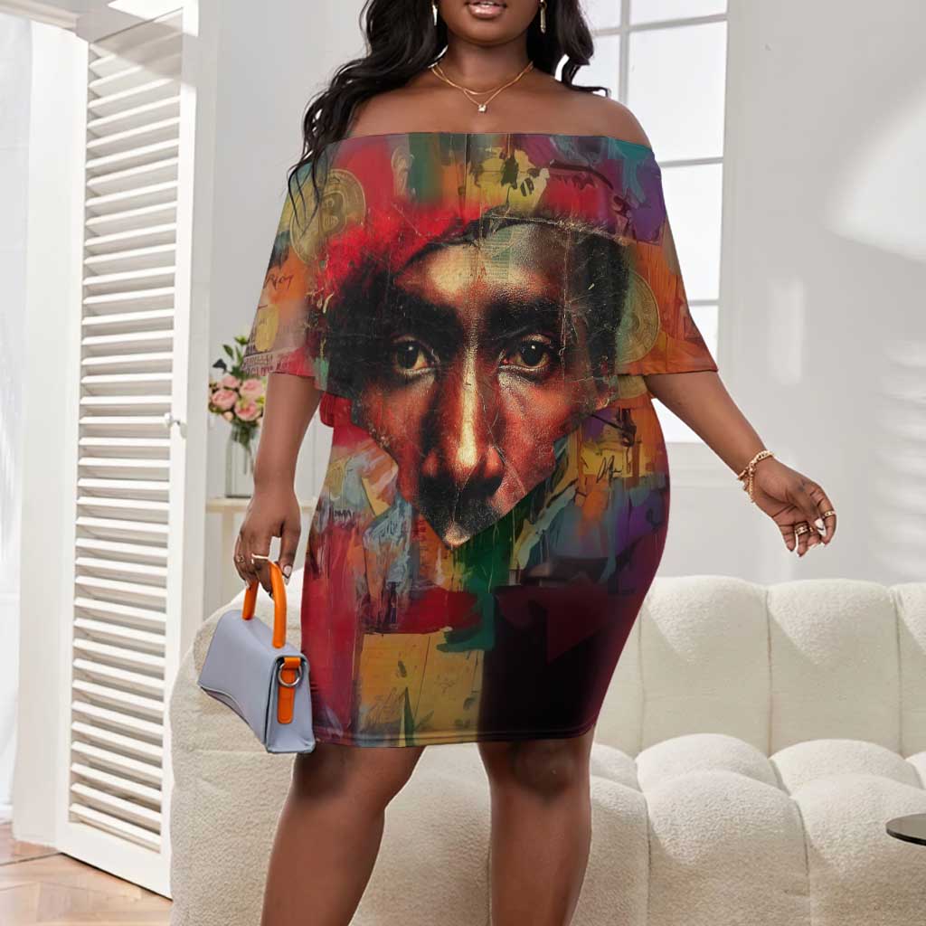 Thomas Sankara Burkina Faso Off Shoulder Short Dress with Bold Portrait and The Upright Man Tribute Design - African Pride