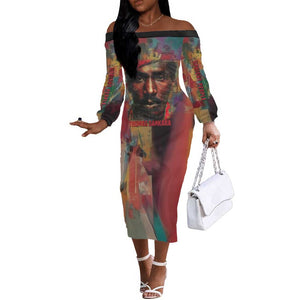 Thomas Sankara Burkina Faso Off The Shoulder Long Sleeve Dress with Bold Portrait and The Upright Man Tribute Design - African Pride