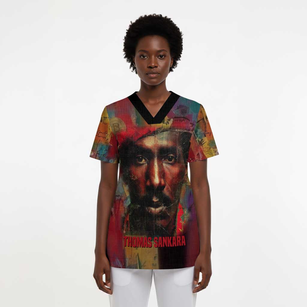 Thomas Sankara Burkina Faso Scrub Top with Bold Portrait and The Upright Man Tribute Design - African Pride