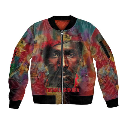 Thomas Sankara Burkina Faso Sleeve Zip Bomber Jacket with Bold Portrait and The Upright Man Tribute Design - African Pride