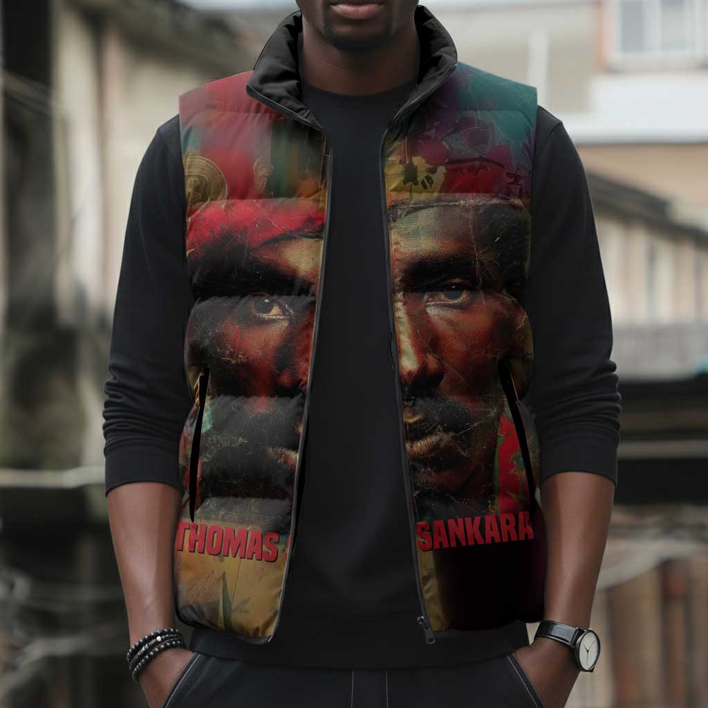 Thomas Sankara Burkina Faso Sleeveless Puffer Jacket with Bold Portrait and The Upright Man Tribute Design - African Pride
