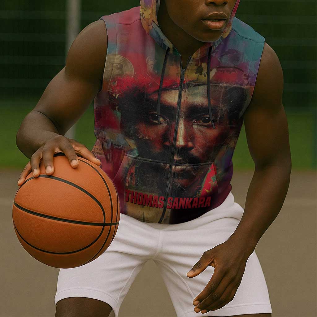 Thomas Sankara Burkina Faso Sleeveless Zip Hoodie with Bold Portrait and The Upright Man Tribute Design - African Pride