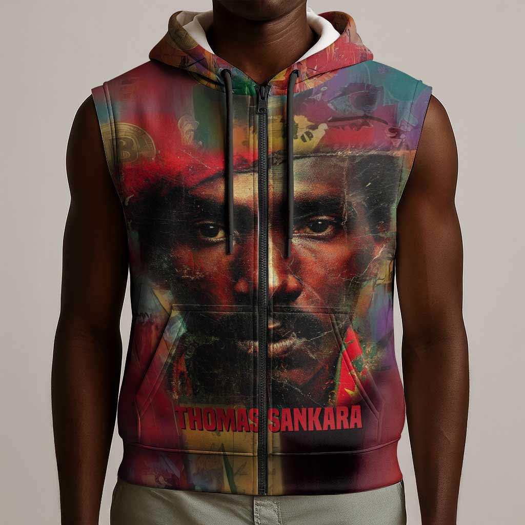 Thomas Sankara Burkina Faso Sleeveless Zip Hoodie with Bold Portrait and The Upright Man Tribute Design - African Pride