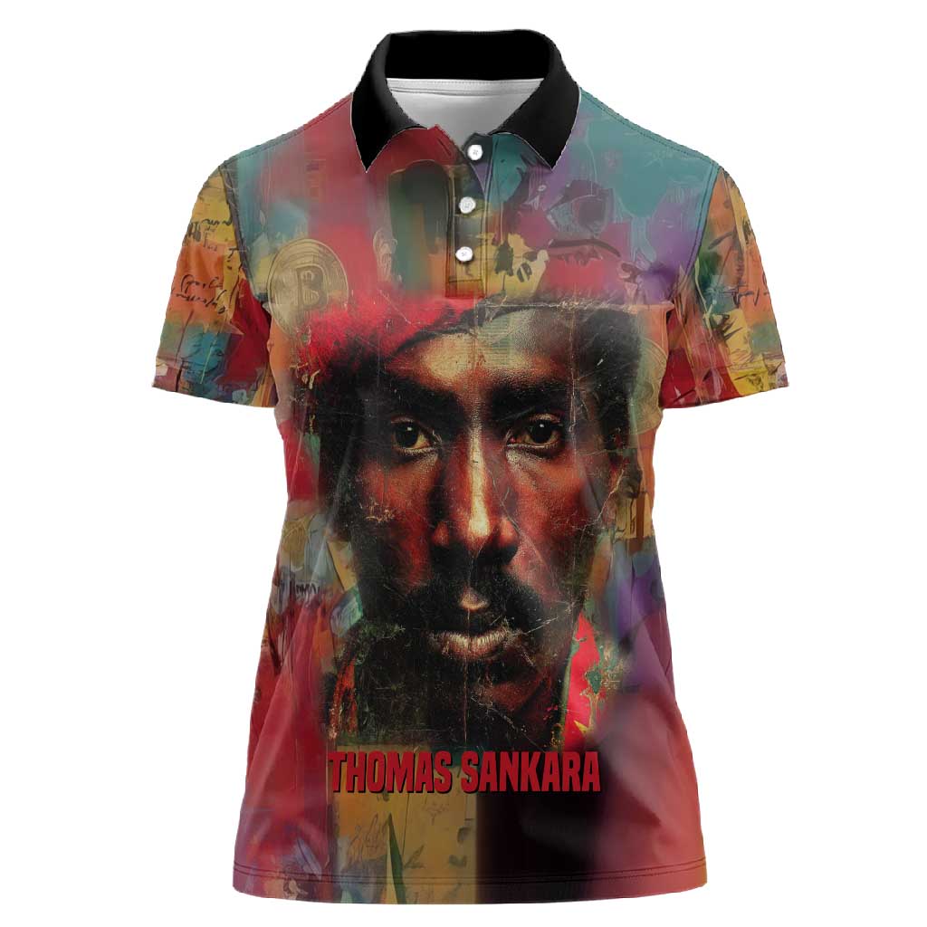 Thomas Sankara Burkina Faso Women Polo Shirt with Bold Portrait and The Upright Man Tribute Design - African Pride