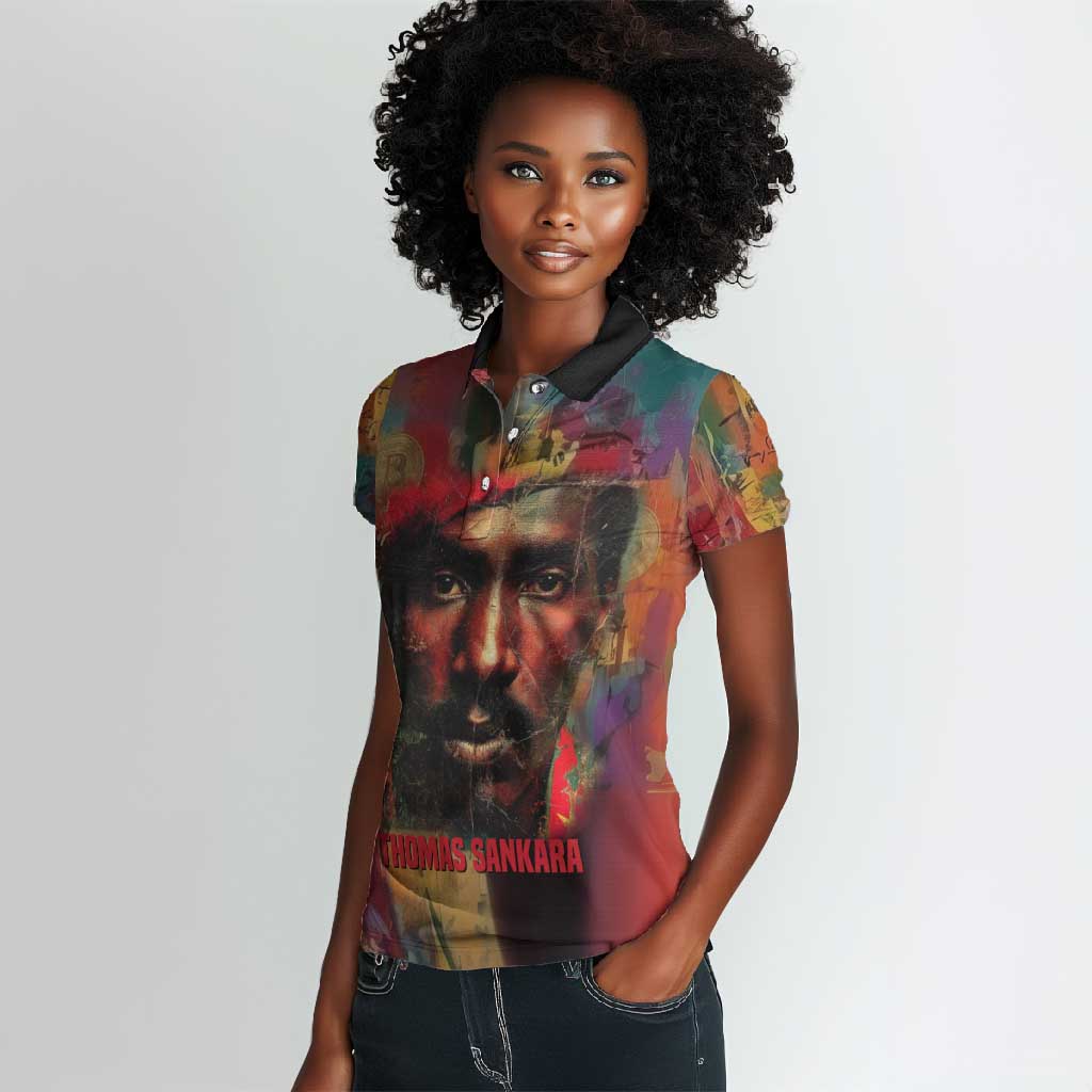 Thomas Sankara Burkina Faso Women Polo Shirt with Bold Portrait and The Upright Man Tribute Design - African Pride